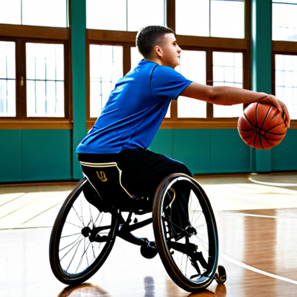 A male wheelchair basketball player, dynamic and focused, mid-game on a polished indoor court. He is fully clothed in modest athletic sportswear, pushing his sports wheelchair with powerful intent. The scene is brightly lit by natural light from large windows, depicting a professional and inclusive sporting environment. The image emphasizes perfect anatomy, correct proportions, natural pose, well-formed hands, proper finger count, and natural body proportions. This is a high-quality, professional sports photograph, safe for work, appropriate content, fully clothed, family-friendly.