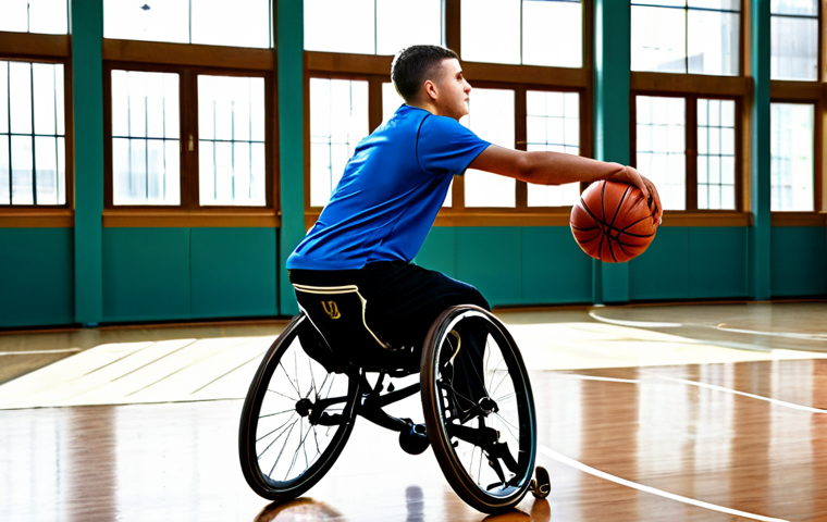 A male wheelchair basketball player, dynamic and focused, mid-game on a polished indoor court. He is fully clothed in modest athletic sportswear, pushing his sports wheelchair with powerful intent. The scene is brightly lit by natural light from large windows, depicting a professional and inclusive sporting environment. The image emphasizes perfect anatomy, correct proportions, natural pose, well-formed hands, proper finger count, and natural body proportions. This is a high-quality, professional sports photograph, safe for work, appropriate content, fully clothed, family-friendly.