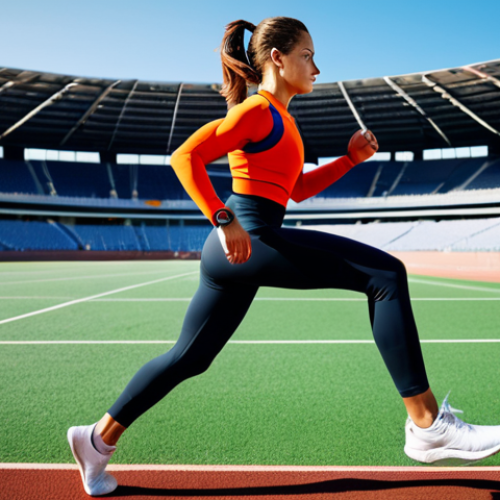 Home 9 **Prompt:** An athlete using AI-powered fitness tracker during training, fully clothed in athletic wear, running on a track in a stadium, appropriate content, safe for work, professional, correct proportions, natural pose, well-formed hands.