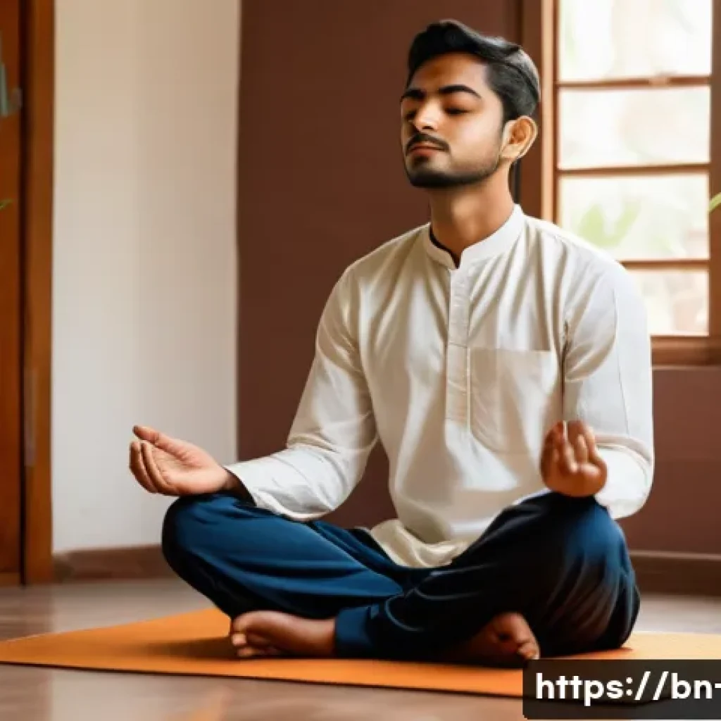 심리적 경기 준비 방법 - A serene scene of a young Bengali man practicing meditation and deep breathing exercises in a quiet ...