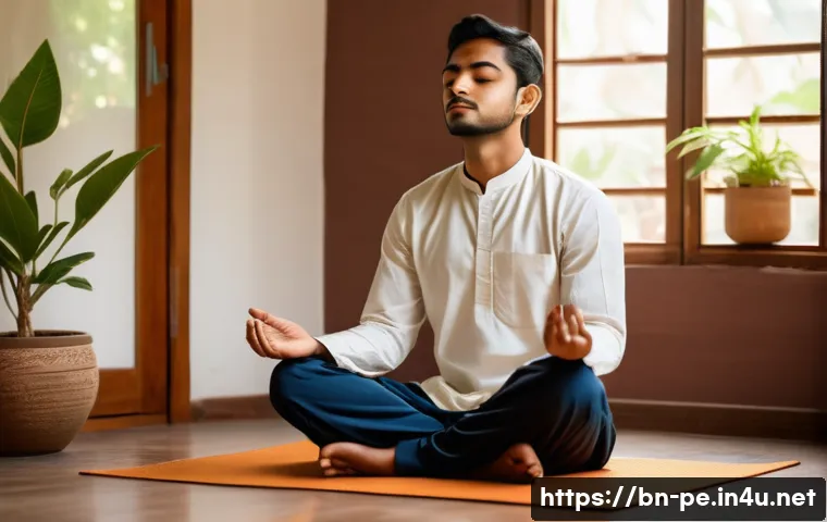 심리적 경기 준비 방법 - A serene scene of a young Bengali man practicing meditation and deep breathing exercises in a quiet ...