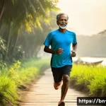 운동과 장수의 관계 - A vibrant outdoor scene in Bangladesh showing a middle-aged Bengali man jogging along a riverside pa...