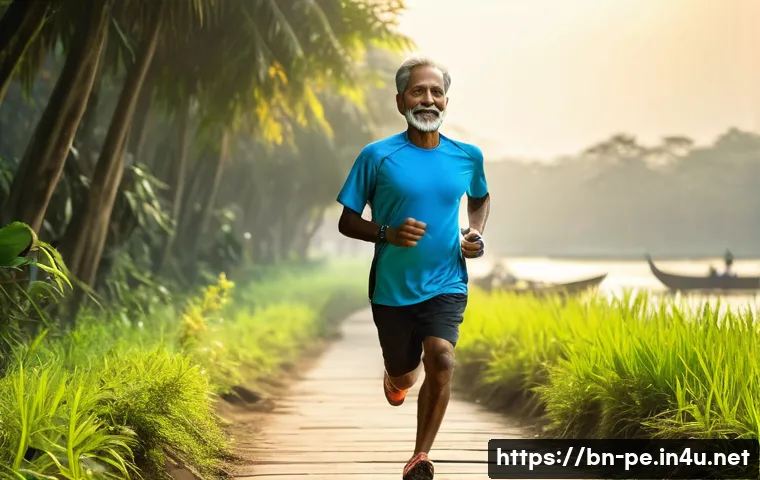 운동과 장수의 관계 - A vibrant outdoor scene in Bangladesh showing a middle-aged Bengali man jogging along a riverside pa...