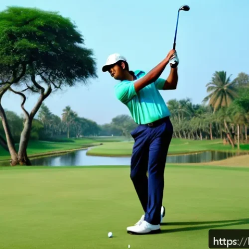 골프 스윙 분석과 교정 - A detailed scene of a Bengali male golfer in mid-swing on a lush green golf course during early morn...