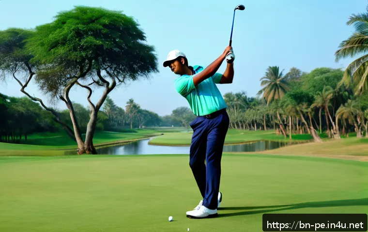 골프 스윙 분석과 교정 - A detailed scene of a Bengali male golfer in mid-swing on a lush green golf course during early morn...