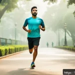 운동이 뇌 기능에 미치는 영향 - A serene Bengali man jogging in a lush green park during early morning, wearing comfortable sportswe...