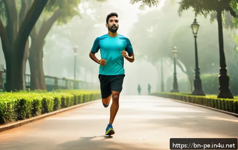 운동이 뇌 기능에 미치는 영향 - A serene Bengali man jogging in a lush green park during early morning, wearing comfortable sportswe...