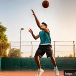 농구 슈팅 기법 분석 - A young Bengali male basketball player practicing jump shots on an outdoor court during sunset, wear...