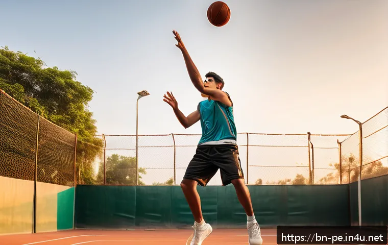 농구 슈팅 기법 분석 - A young Bengali male basketball player practicing jump shots on an outdoor court during sunset, wear...