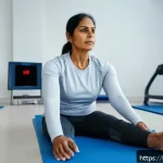 운동과 재활 기구 활용법 - A serene rehabilitation therapy room featuring a middle-aged Bengali woman in comfortable athletic w...