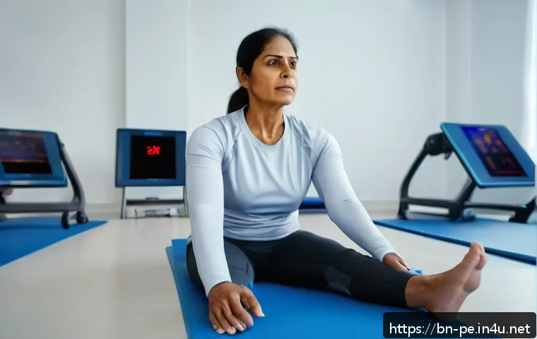 운동과 재활 기구 활용법 - A serene rehabilitation therapy room featuring a middle-aged Bengali woman in comfortable athletic w...