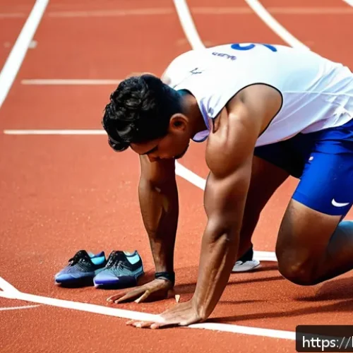단거리 달리기 스타트 기술 - A focused Bengali male sprinter in his early 20s preparing for a race start on a professional outdoo...