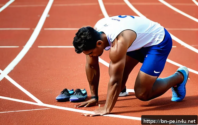 단거리 달리기 스타트 기술 - A focused Bengali male sprinter in his early 20s preparing for a race start on a professional outdoo...
