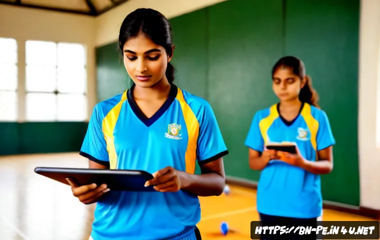 체육교사 역량 개발 방법 - Photorealistic Bangladeshi physical education teacher in modest athletic clothing studying a tablet ...