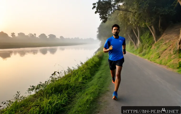 Home 17 장거리 러닝 페이스 전략 - Photorealistic long-distance runner pacing steadily along a quiet riverside path at sunrise, adult a...
